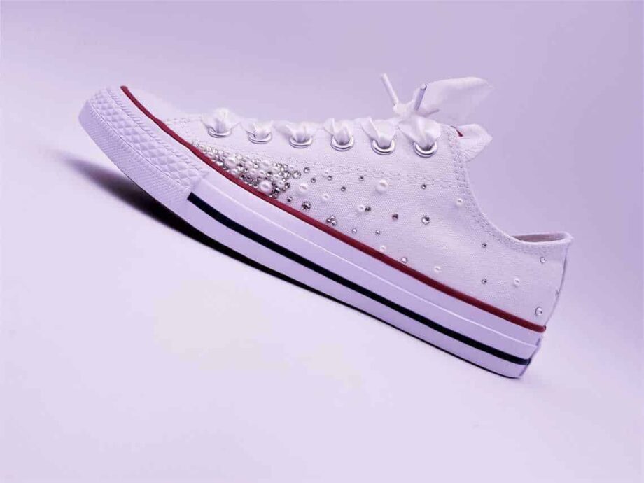 The Converse Pearl Galaxy is the perfect personalised shoe for your wedding. They are personalised with a subtle mix of Swarovski rhinestones and pearls and topped with a pair of satin laces.
