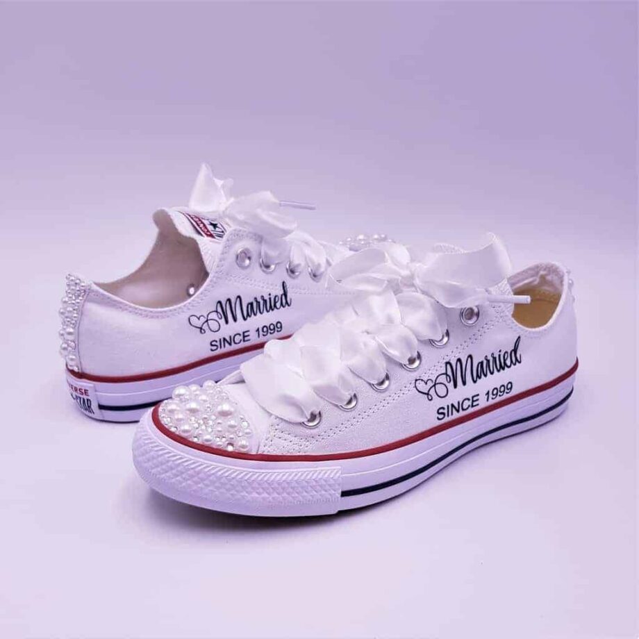 Married Since Pearl Converse by Double G Customs. Personalized wedding converse with the inscriptions Married Since.
