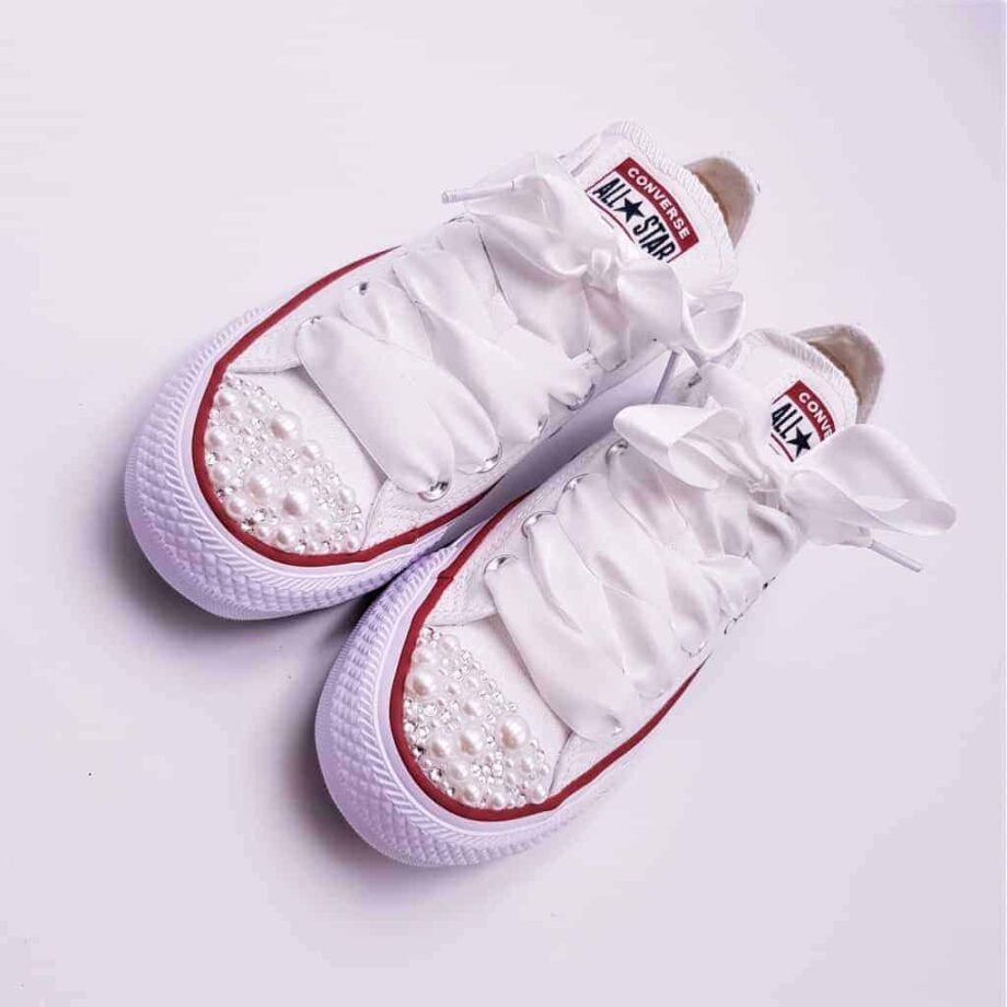 Converse Married Since Pearl, personalised shoes for weddings by Double G Customs, artist creator of personalised wedding shoes.