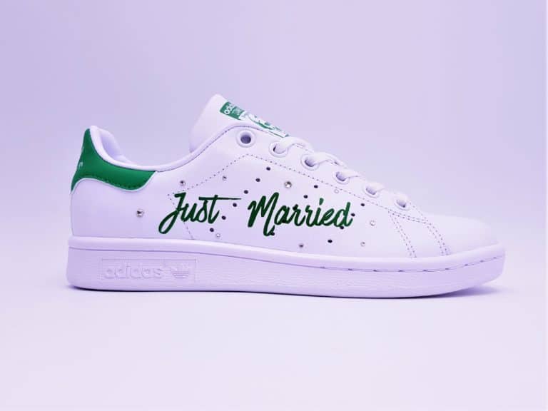 The Stan Smith Just Married are perfect for both smart and casual weddings in trainers. Double G Customs custom wedding shoes designer
