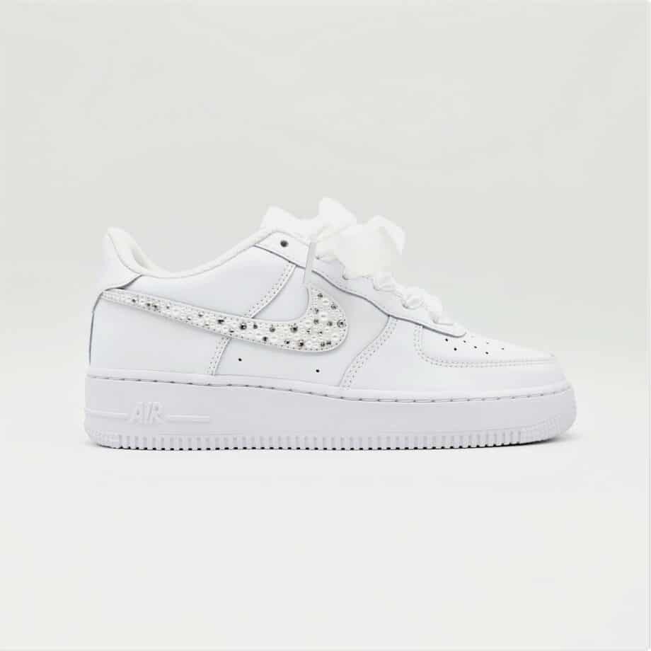 Nike Air Force 1s specially designed by Double G Customs for weddings, the Nike Air Force 1 Wedding Pearl.