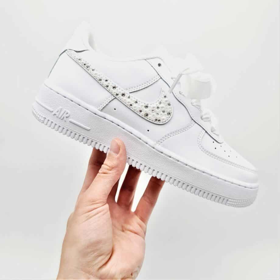 Double G Customs presents the Nike Air Force 1 Wedding Pearl, a pair of Nike Air Force 1s customised with a mix of pearls and Swarovski rhinestones.