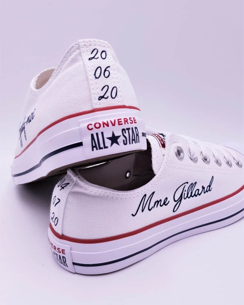 Chaussures personnalisées Converse Appelez-moi Madame par Double G Customs, créateur de chaussures customisées pour les mariages.