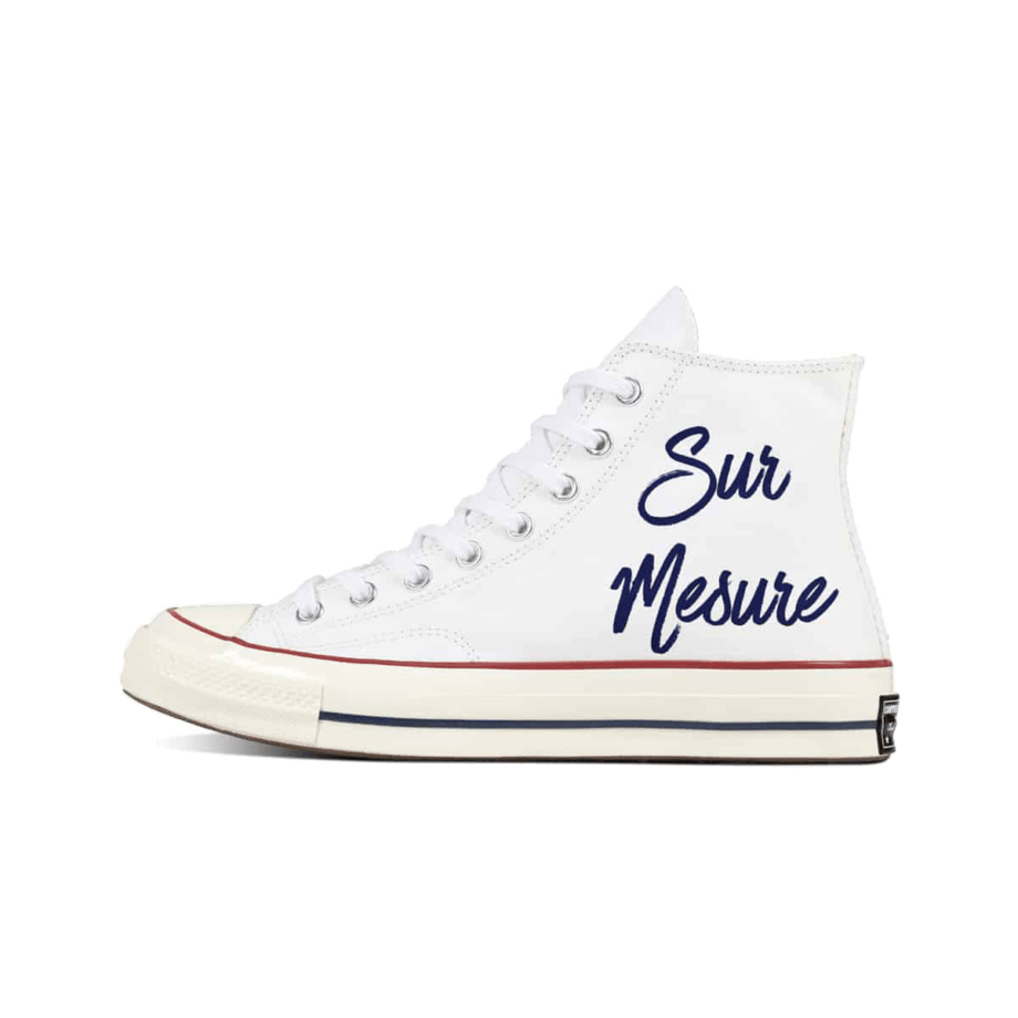 Converse Hi 70&#039;s personalized for weddings by the Double G Customs customization workshop