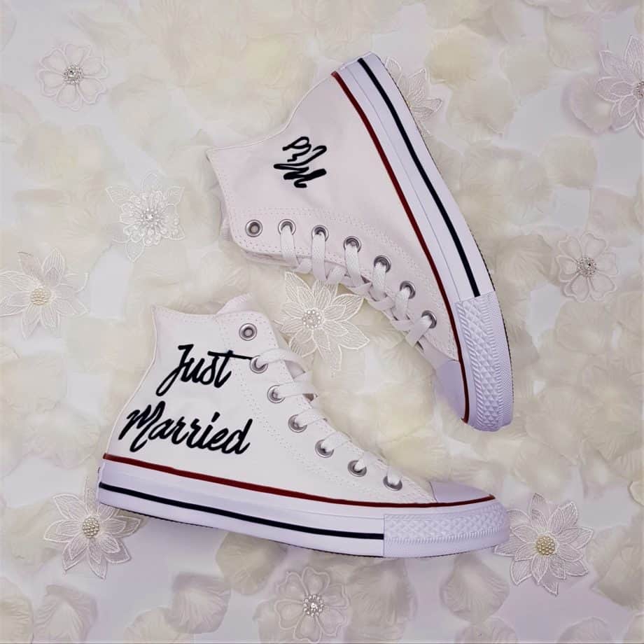 A wedding with personalised converse for Couple. These Converse are personalised with the inscriptions Mr / Mrs and Just Married.